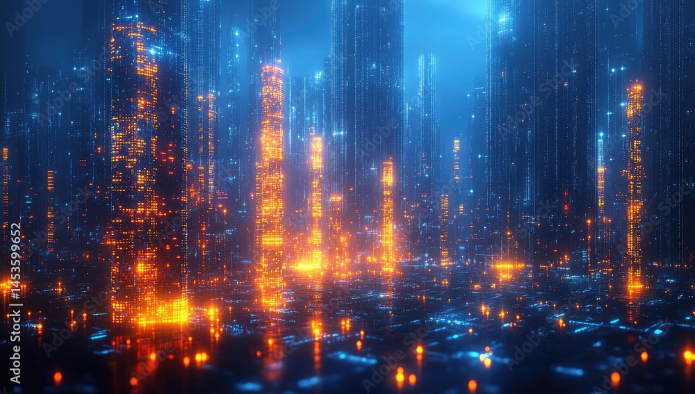 Futuristic cityscapes illuminated by glowing structures. Futuristic cityscapes illuminated by glowing structures.