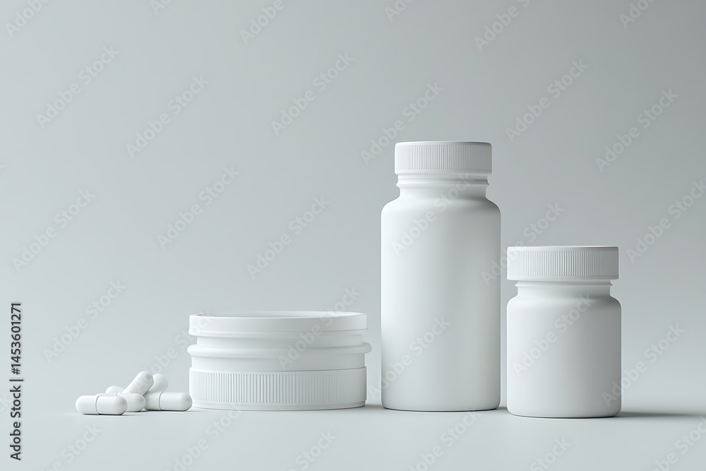 White supplement bottles and capsules create a minimal and clean medical display on grey White supplement bottles and capsules create a minimal and clean medical display on grey