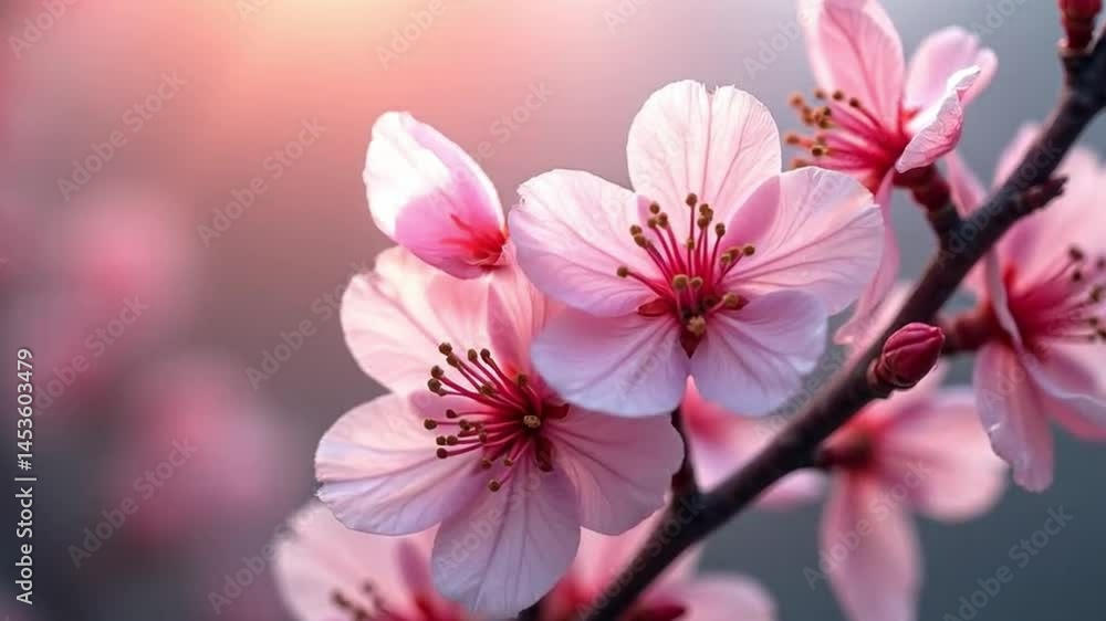 Ethereal Blooming: A Delicate Dance of Pink Blossoms in Gentle Sunlight Hues Ethereal Blooming: A Delicate Dance of Pink Blossoms in Gentle Sunlight Hues