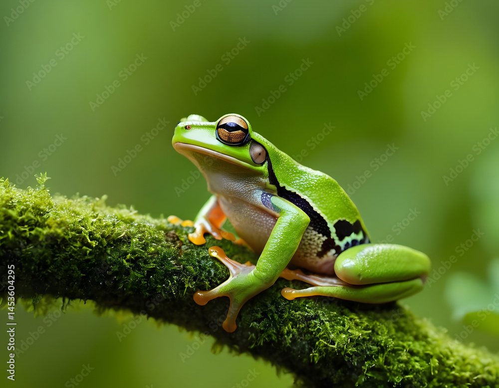 Naklejka premium Lush green frog on moss branch.