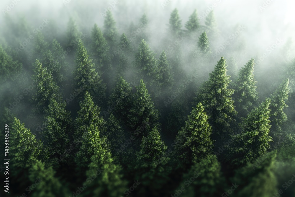 Aerial View of Dense Foggy Forest. Misty Canopy with Overcast Sky, Mysterious Woodland Landscape for Nature or Environmental Themes Aerial View of Dense Foggy Forest. Misty Canopy with Overcast Sky, Mysterious Woodland Landscape for Nature or Environmental Themes