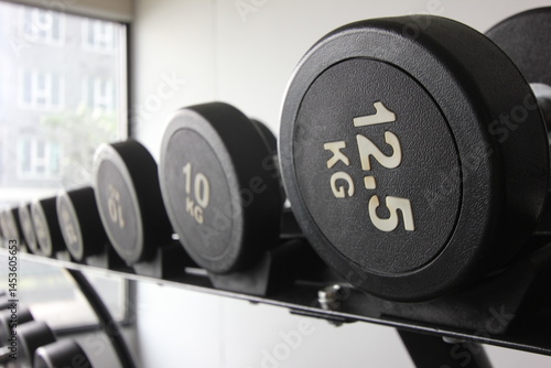 a rack of black dumbbells of varying weights in a gym setting