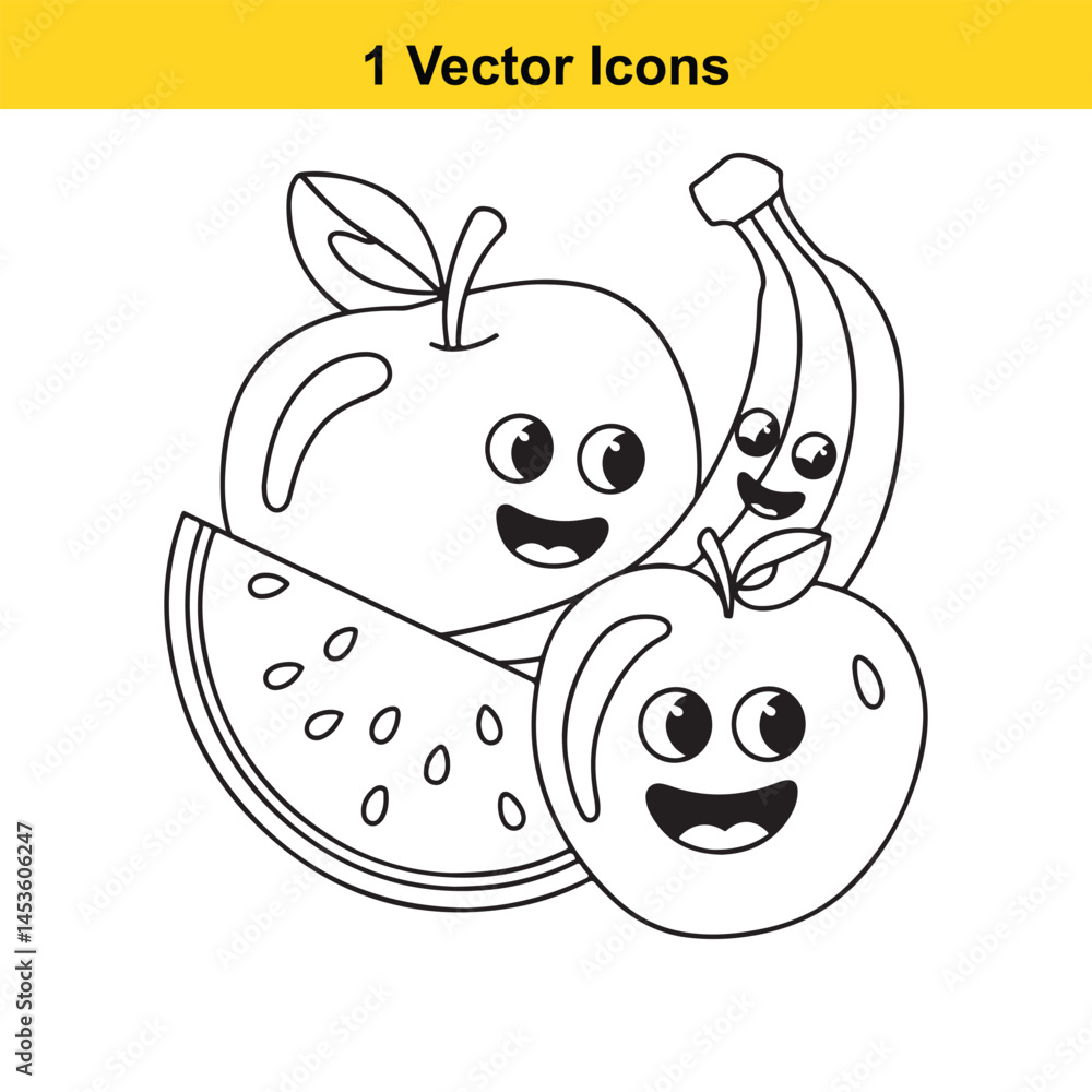 Obraz premium Cute Cartoon Fruits Apple Banana Watermelon Coloring Page Illustration