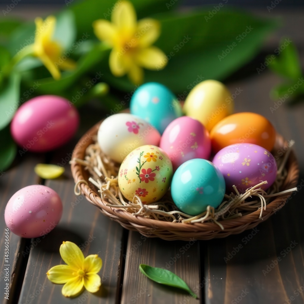 Decorated Easter eggs displayed on a rustic wooden table, surrounded by spring greenery , backdrop, craft Decorated Easter eggs displayed on a rustic wooden table, surrounded by spring greenery , backdrop, craft