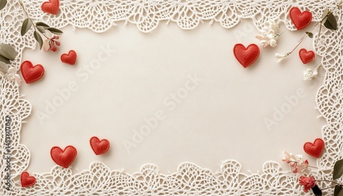Beige Lace Bordered Frame with Red Hearts and Floral Accents a Romantic and Decorative Design Perfect for Valentine's Day Invitations or Wedding Cards with Copy Space