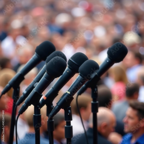 Multiple microphone stands, ready for a large public event, indistinct crowd , seminar, setup, gathering