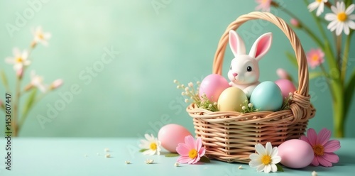 Pastel Easter basket, eggs, bunny, spring blooms, flowers, pastel, eggs