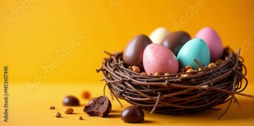 Painted eggs overflowing with chocolate & sweets in a rustic nest against a bright orange backdrop , straw, sweets, food photography