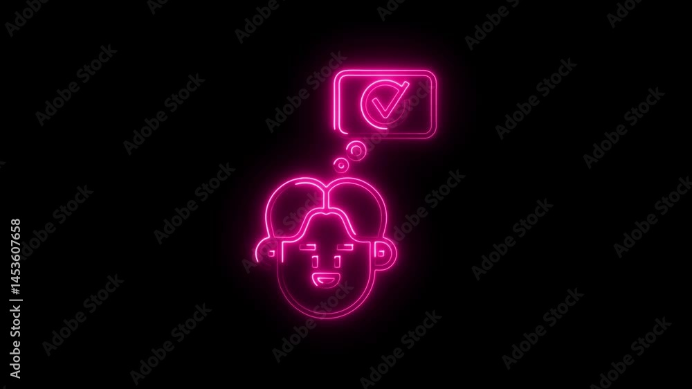 Person thinks and achieves success with neon light animation on black background person with idea and check mark graphic concept Person thinks and achieves success with neon light animation on black background person with idea and check mark graphic concept