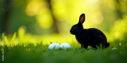 Silhouette of black rabbit, white eggs in foreground, grassy background, outdoor, Easter