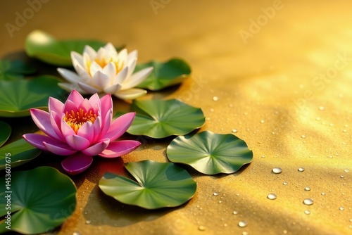 Several lotus flowers afloat on a golden, textured surface , texture, peaceful