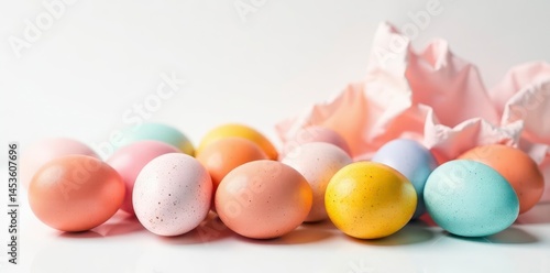 Several speckled and solid-colored eggs, white background , painted, white