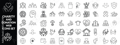 Charity and Donation set of web icons in line style. Volunteering and donation icons for web and mobile app. Help, caring, solidarity, alms, donate, volunteer, care, charity and more. Editable stroke1