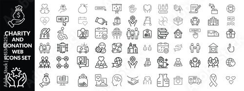 Charity and Donation set of web icons in line style. Volunteering and donation icons for web and mobile app. Help, caring, solidarity, alms, donate, volunteer, care, charity and more. Editable stroke1