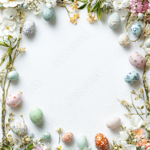 Colorful Easter Eggs and Delicate White Blossoms Frame a Festive Holiday Card with a Textured White Background Creating a Cheerful Springtime Border