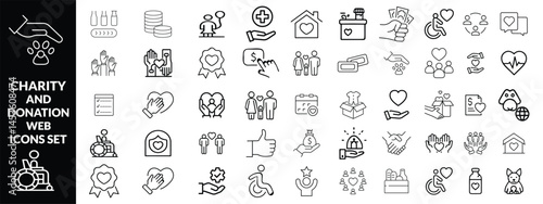 Charity and Donation set of web icons in line style. Volunteering and donation icons for web and mobile app. Help, caring, solidarity, alms, donate, volunteer, care, icon Set design 