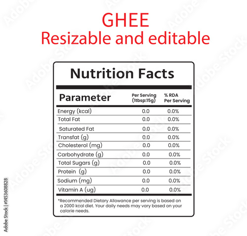 Ghee nutrition facts , supplement facts template 