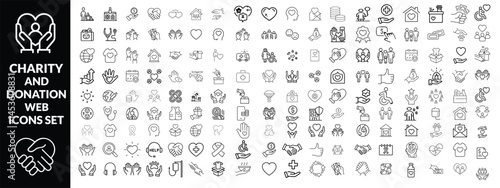 Charity and Donation set of web icons in line style. Volunteering and donation icons for web and mobile app. Help, caring, solidarity, alms, donate, volunteer, care, charity and more. Editable stroke 