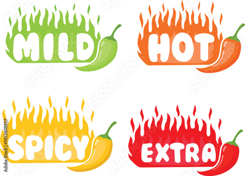 Pepper spice level. Red chili pepper. Mild, spicy, hot, extra hot