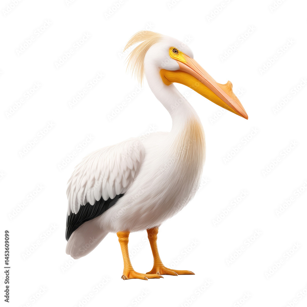 A pelican poses elegantly, displaying its distinctive white feathers, bright orange bill, and black wing markings. The creature stands in a relaxed manner, highlighting its graceful form A pelican poses elegantly, displaying its distinctive white feathers, bright orange bill, and black wing markings. The creature stands in a relaxed manner, highlighting its graceful form