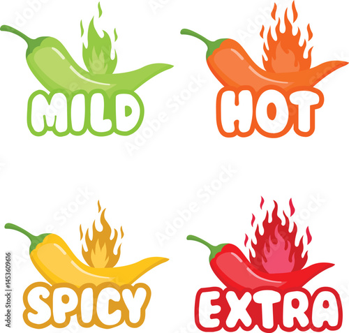 Pepper spice level. Red chili pepper. Mild, spicy, hot, extra hot