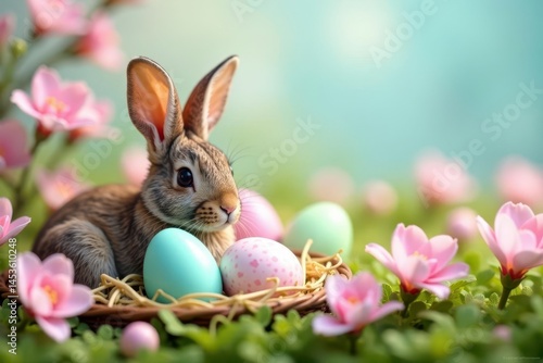 Wallpaper Mural Pastel eggs nestled in spring blooms, bunny ears peeking , illustration, background Torontodigital.ca