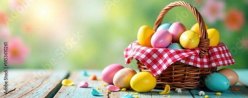 Wallpaper Mural Red gingham-lined basket overflowing with colorful Easter eggs , texture, painted Torontodigital.ca