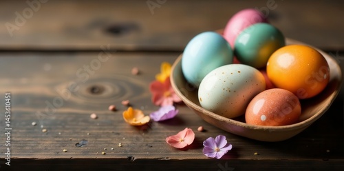 Wallpaper Mural Speckled & solid dyed eggs, rustic wooden table, symbol, happy Torontodigital.ca