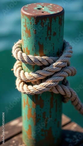 Wallpaper Mural Thick rope nautical knot tightly secured on weathered dock post , summer, dock post, detail Torontodigital.ca