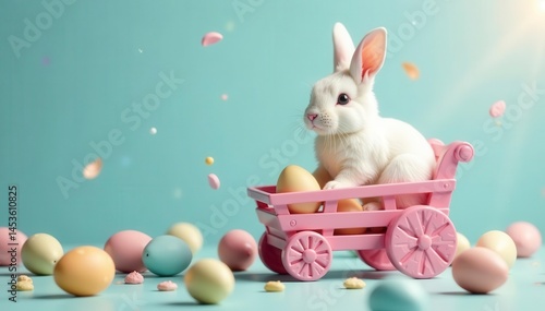 Wallpaper Mural White bunny in candy cane cart, pastel Easter eggs, whimsical sweets, design, blue Torontodigital.ca