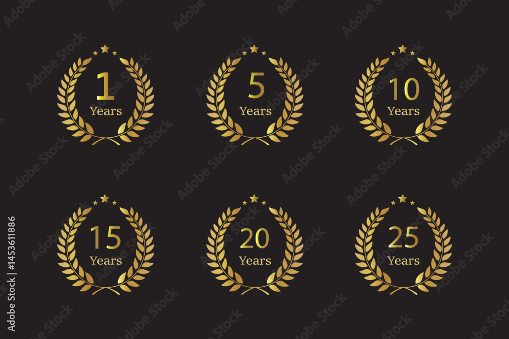 Fototapeta premium Anniversary icon or logo set with laurel wreath. 1, 5, 10, 15, 20, 25 years jubilee, birthday golden badge, label or emblem. Celebration design element. Anniversary icon on black background.