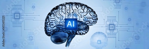 Transparent 3D brain with circuit patterns and larger network – Ideal for AI, machine learning, or futuristic tech themes.