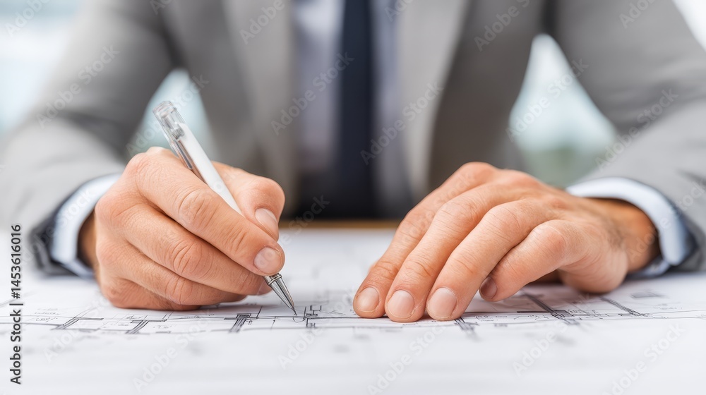 Naklejka premium Businessman in a suit writing on paper, depiction of professional focus and expertise