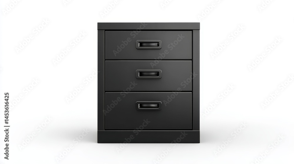 Sleek black filing cabinet with three drawers, efficient office storage solution Sleek black filing cabinet with three drawers, efficient office storage solution