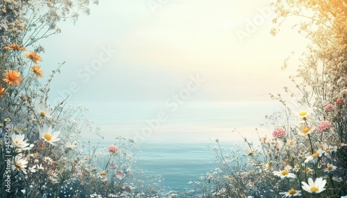 Seascape Vista with Ocean Horizon Framed by Colorful Wildflowers in Soft Light