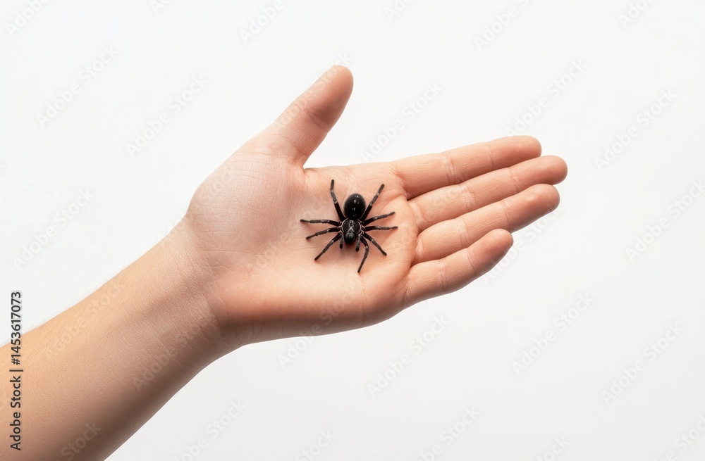 Obraz premium Small Black Spider on a Hand Against White Background