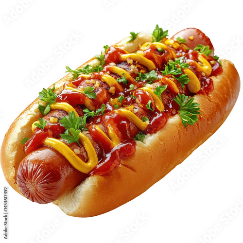 Delicious gourmet hot dog with ketchup mustard and parsley food photography on transparent background