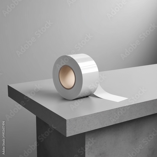 Wide White Adhesive Tape on Gray Table with Matching Gray Background