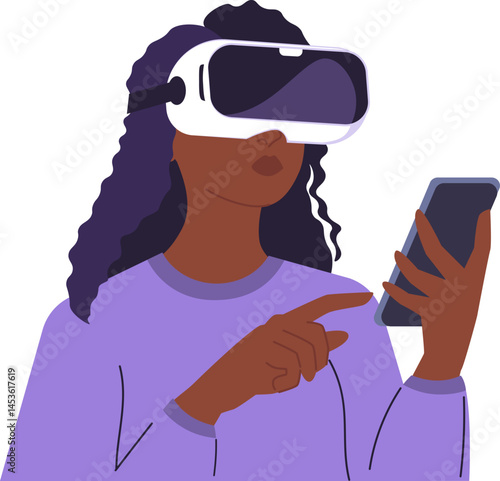 Illustration of a dark skinned woman immersed in virtual reality, showcasing innovation and futuristic technology. Woman in VR glasses, meta universe of entertainment concept. Flat style design
