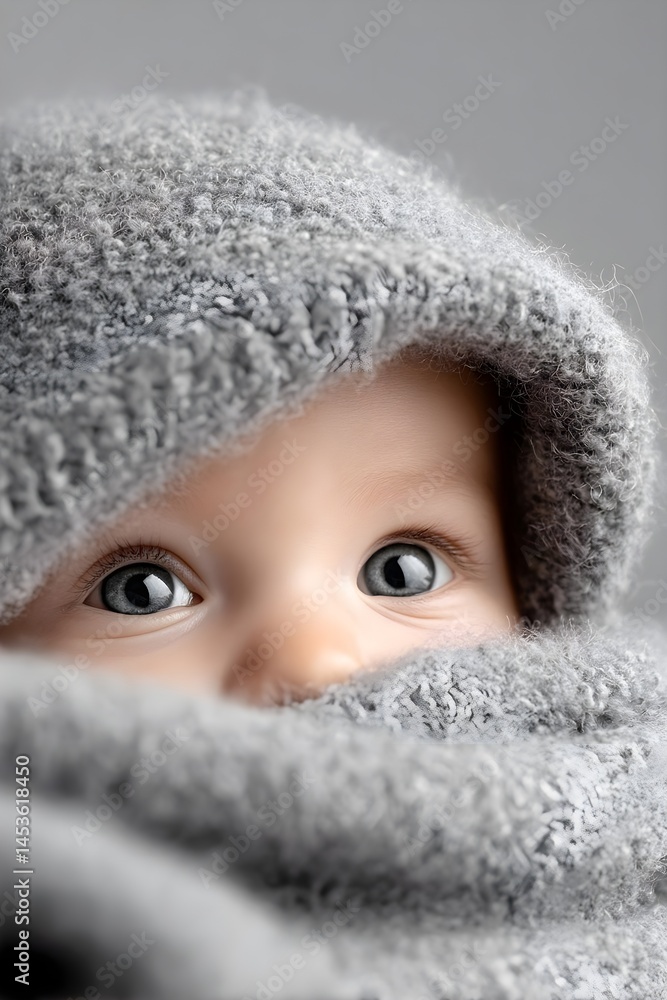 Close-up of a cozy baby wrapped in a soft gray blanket Close-up of a cozy baby wrapped in a soft gray blanket