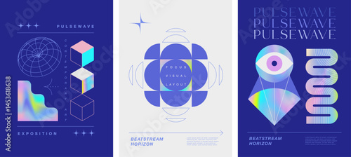 Modern digital art posters with abstract geometric holographic gradient shapes