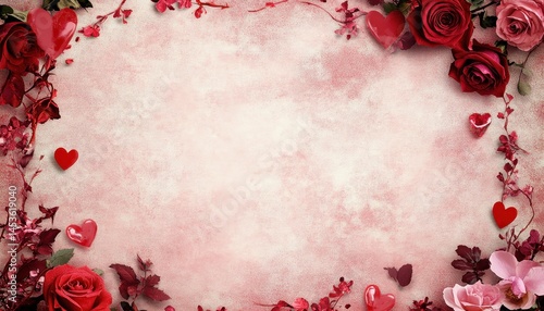 Valentine's Day Floral Frame with Red Roses and Hearts on a Textured Pink Background Romantic Decorative Design with Heart Shapes and Rose Blossoms