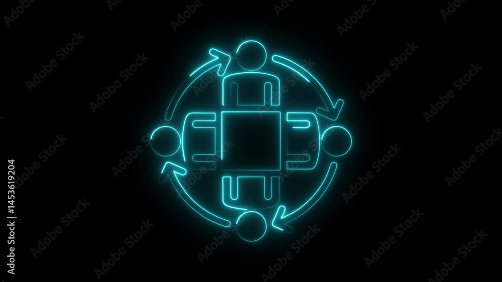 Neon collaboration teamwork meeting circle graphic on black background Neon collaboration teamwork meeting circle graphic on black background