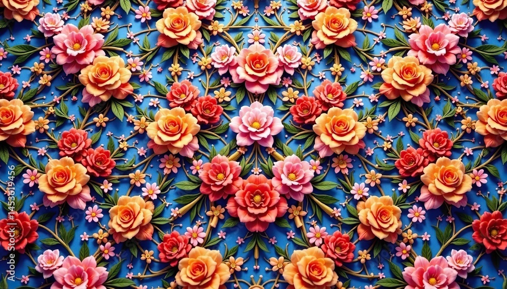 Intricate floral blooms within a repeating hexagonal grid , decoration, digital Intricate floral blooms within a repeating hexagonal grid , decoration, digital