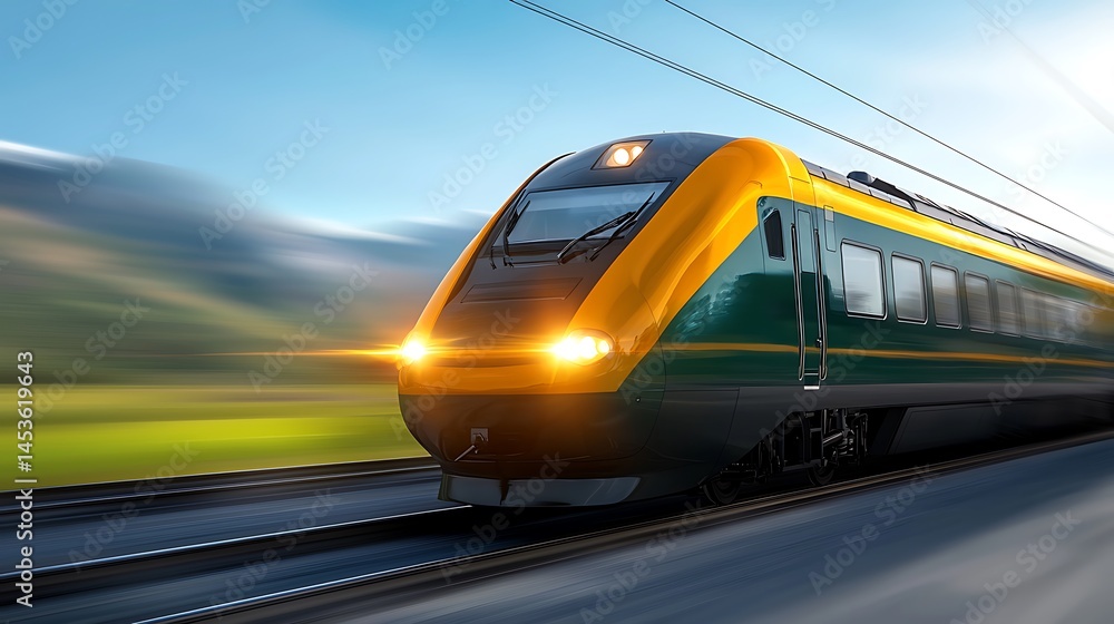 Naklejka premium Fast green/yellow train moving with motion blur through a green landscape