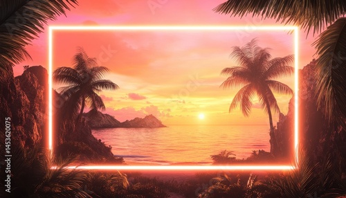 Voxel Art Sunset Scene with Palm Trees and Rectangular Neon Frame Displaying Tropical Beach Ocean Horizon in Vivid Pink Orange and Purple Hues