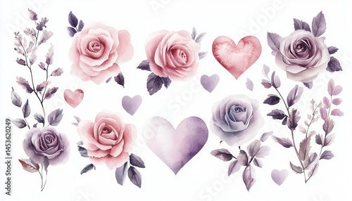 Watercolor Floral Collection with Pink and Purple Roses Hearts and Delicate Foliage on White Background for Wedding and Valentine's Day Designs