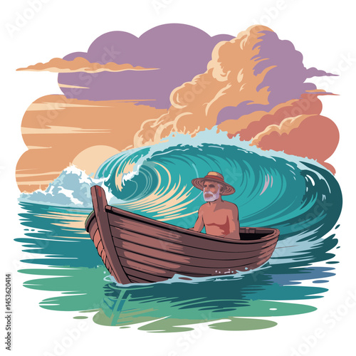 A bearded man in a small wooden boat floating on the ocean, facing a giant wave with a colorful sunset in the background. The illustration has a peaceful yet adventurous vibe.
