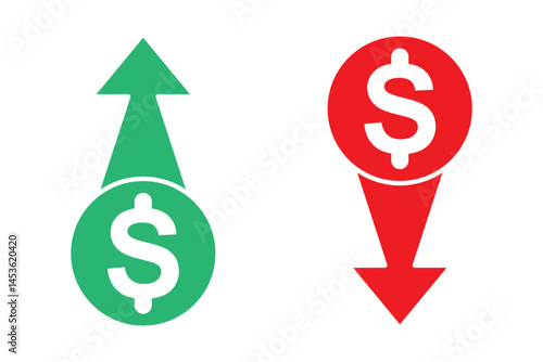 Money increase or decrease icon set. dollar decrease increase symbol. profit and lose signs. 