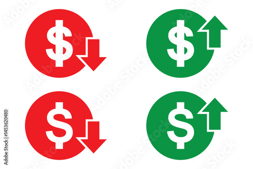 Money increase or decrease icon set. dollar decrease increase symbol. profit and lose signs. 